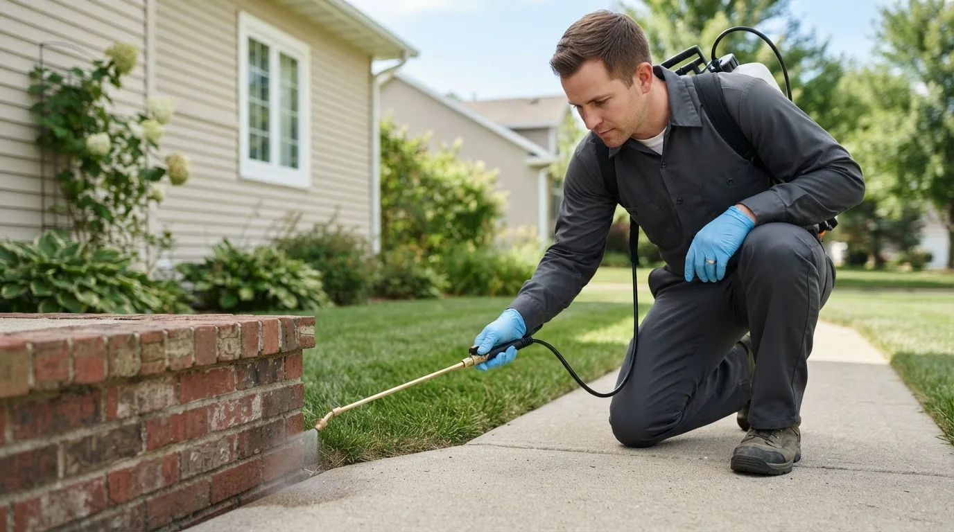 Pest control technician treating a home near Woodburn, IA