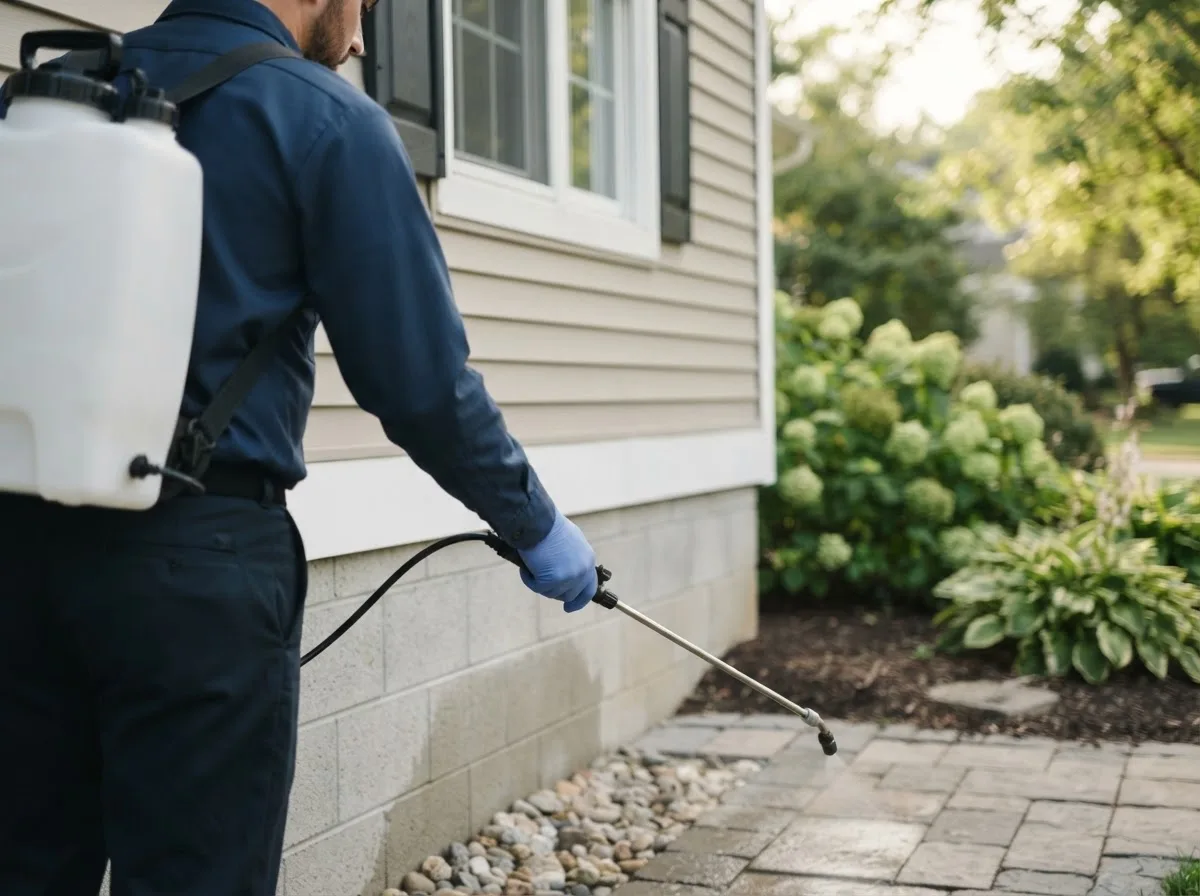 Pest control technician inspecting a home in Woodburn, IA